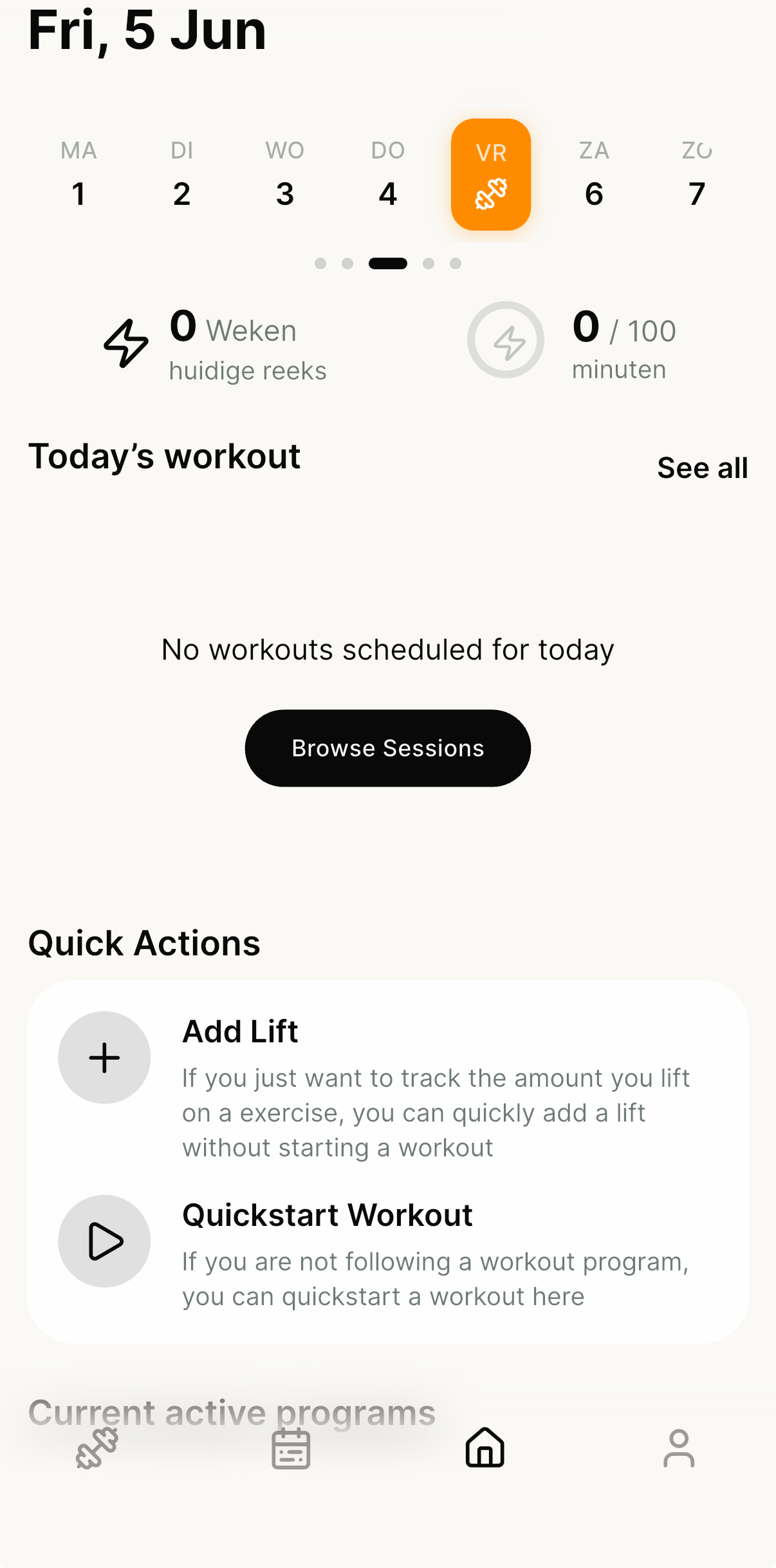 Vantora home screen with today's workout and quick actions